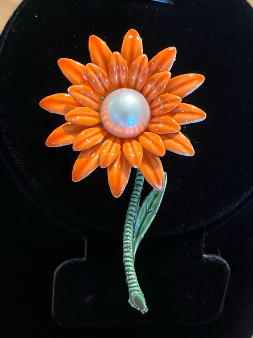 Vintage Orange Enamel Daisy Flower Brooch Faux Pearl Center Retro Floral Pin